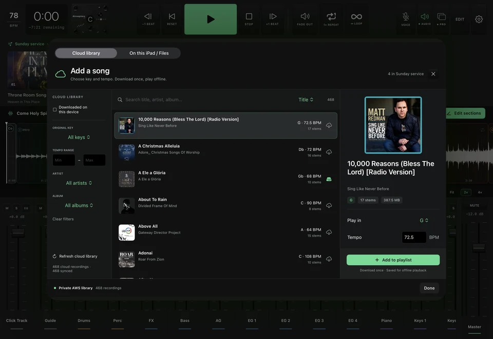 Cloud song browser on a physical iPad with recording filters, artwork, key and tempo selection.