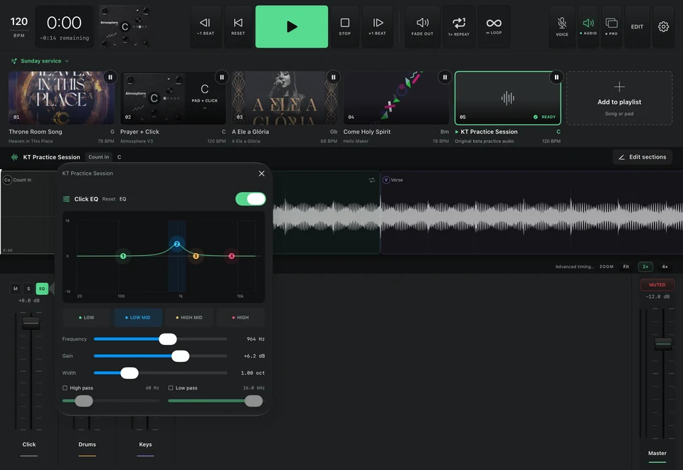 Four-point EQ on iPad with the low-mid band raised and touch controls for frequency, gain and width.