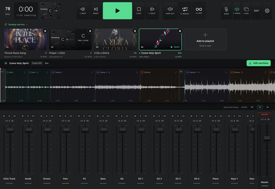 Actual iPad performance workspace with playlist, waveforms, stem faders and large transport controls.