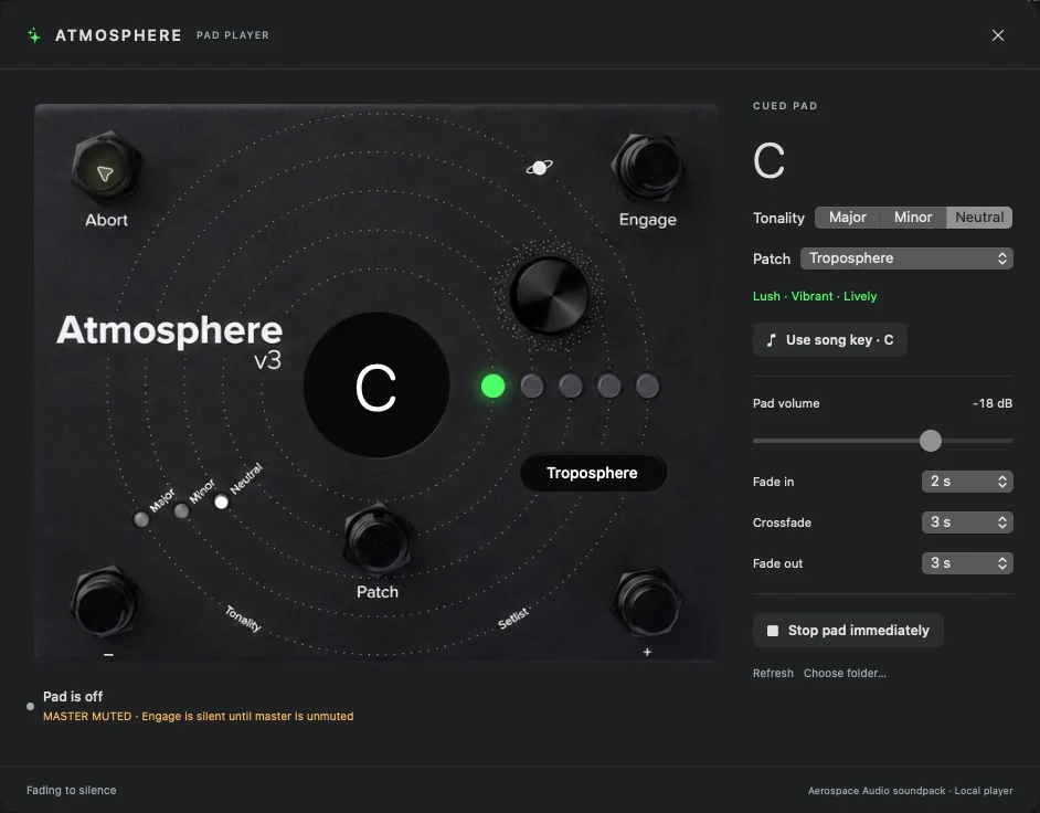 Actual Mac Atmosphere pad panel with patch, key, tonality, volume and fade settings.