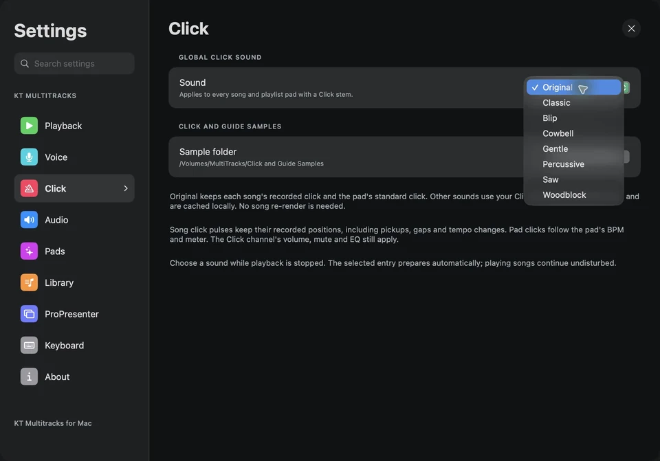 Native Mac Click settings with the menu of eight global click sound choices open.