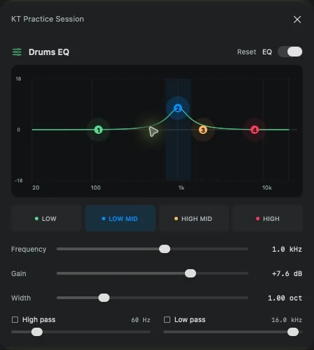 Native Mac EQ editor showing four colored EQ points, bandwidth and high-pass and low-pass filters.
