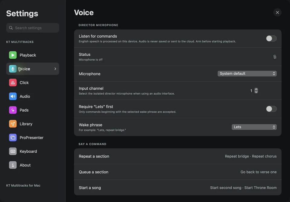 Native Mac Voice settings with microphone selection, wake phrase and supported section and song commands.